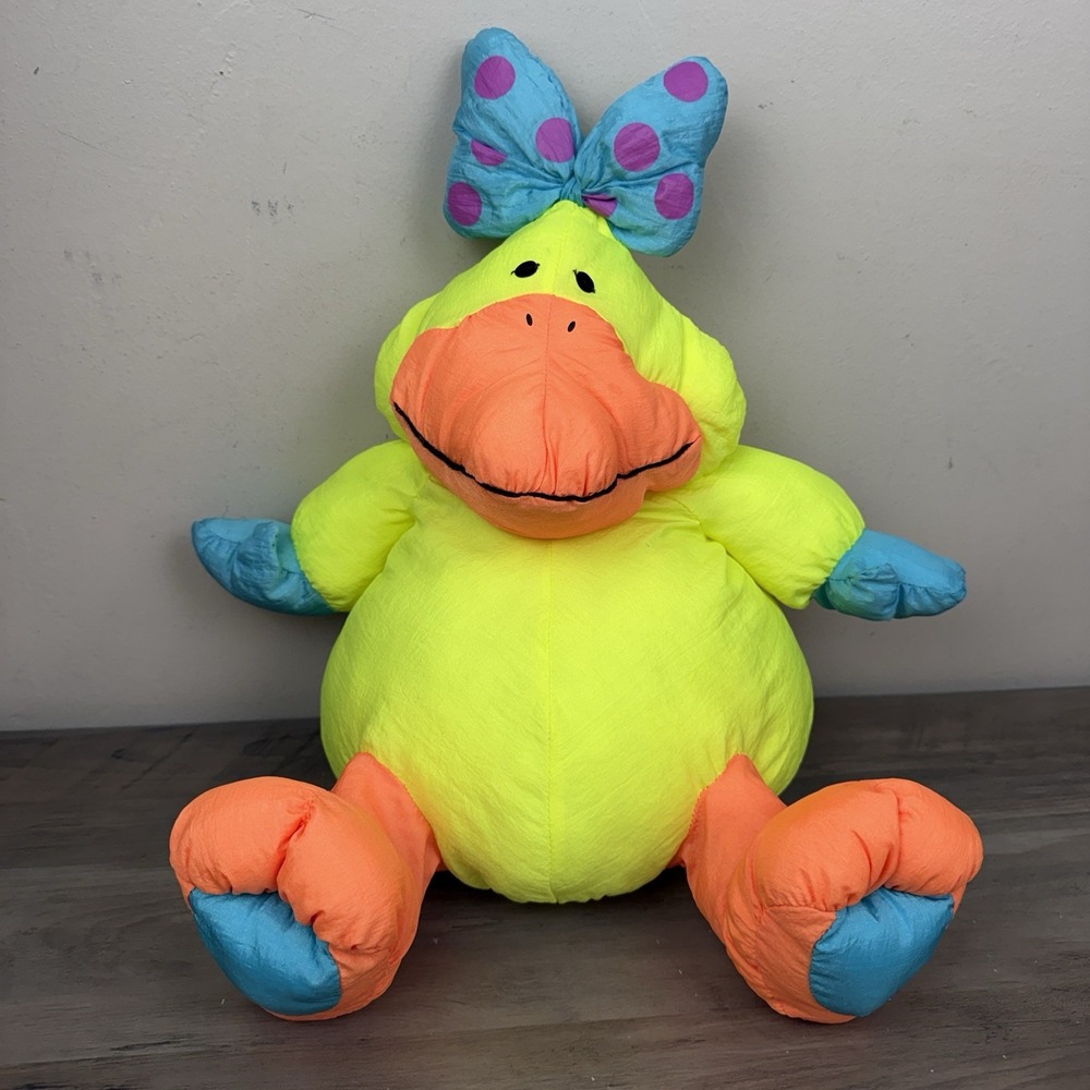 Vtg Stuffins Lumpy's Gang Neon Yellow Nylon Duck Blue Bow 90s Puffalump